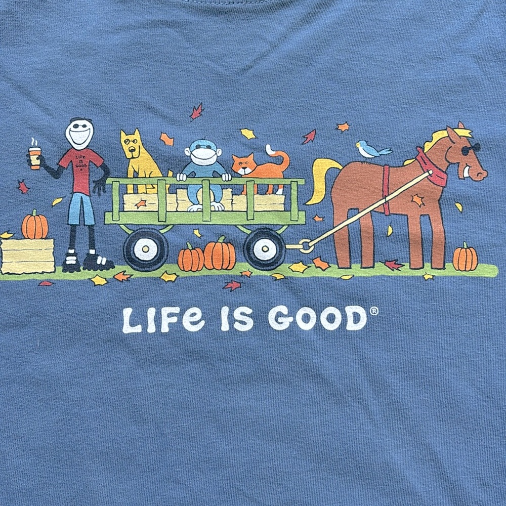 Life is Good Jake and Friends Hayride Mens Blue Short Sleeve T-Shirt size L